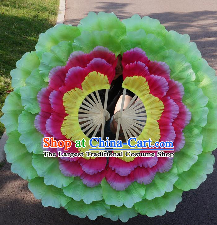 Chinese Yangko Dance Green Silk Fan Opening Dance Fan Peony Dance Fans Folk Dance Double Sides Fan