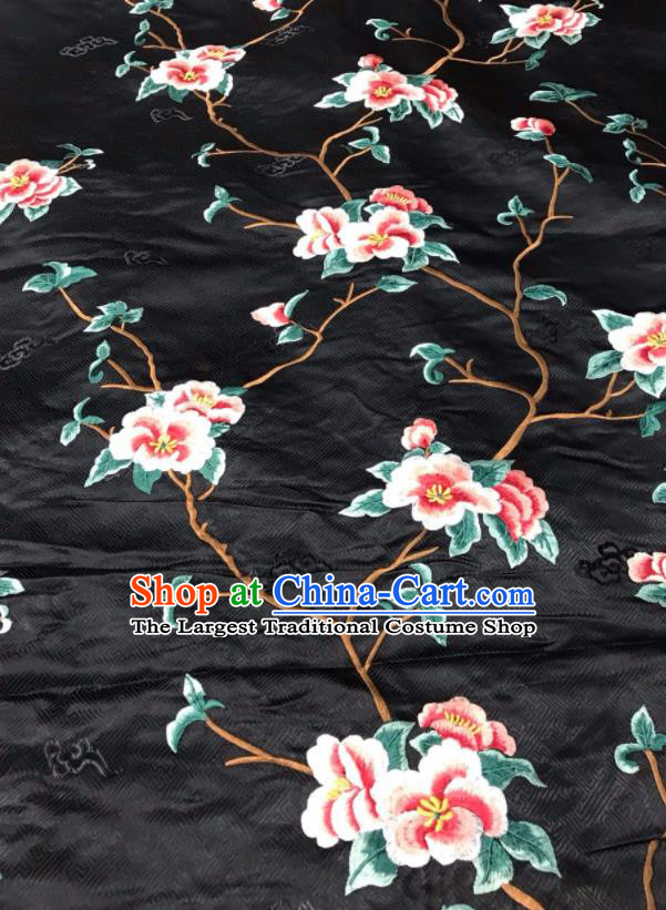 China Embroidered Peach Blossom Satin Material Court Black Brocade Drapery Classical Cheongsam Damask Cloth Traditional Silk Fabric