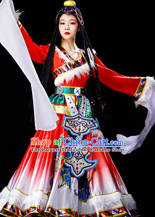 Chinese Zang Minority Folk Dance Garment Costumes Ethnic Festival Performance Red Dress Outfits Tibetan Nationality Water Sleeve Clothing