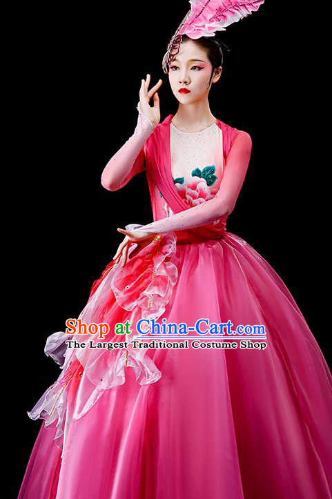 Professional Chorus Performance Costume Modern Dance Pink Veil Dress Opening Dance Garment Women Group Peony Dance Fashion