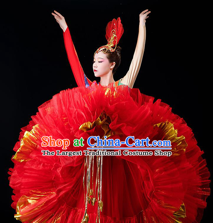 Professional Women Group Flower Dance Fashion Chorus Performance Costume Modern Dance Red Bubble Dress Opening Dance Garment