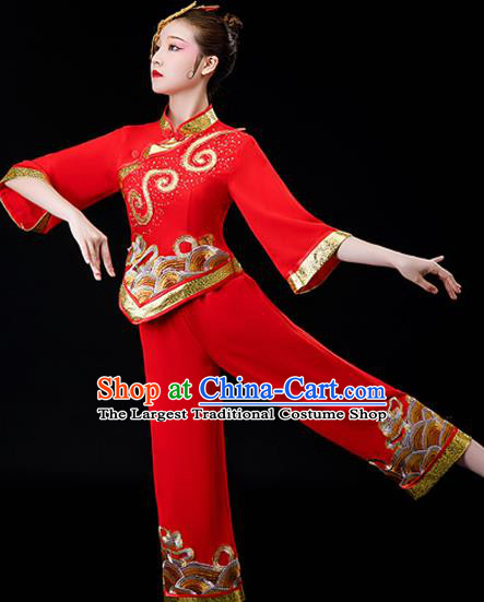 Chinese Women Square Performance Apparels Folk Dance Red Uniforms Traditional Fan Dance Garment Costumes New Year Yangko Dance Clothing