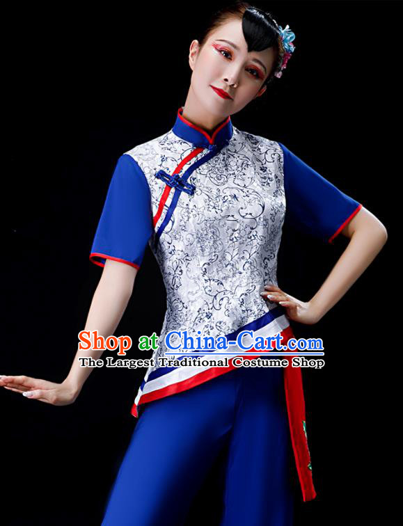 Chinese New Year Yangko Dance Clothing Country Women Square Performance Apparels Folk Dance Royalblue Uniforms Traditional Fan Dance Garment Costumes