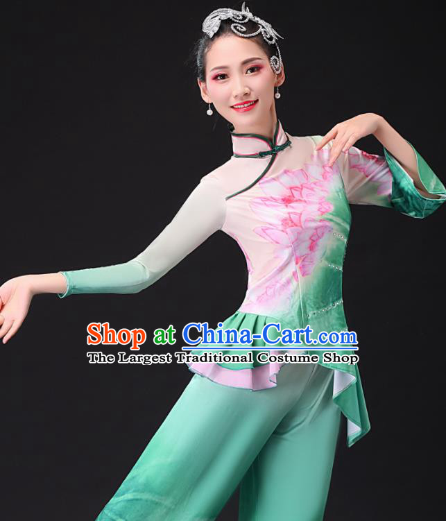 Chinese Traditional Women Square Dance Garment Costumes Yangko Performance Clothing Lotus Dance Apparels Folk Dance Green Uniforms