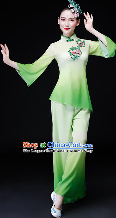 Chinese Folk Dance Green Chiffon Uniforms Traditional Women Group Dance Garment Costumes Yangko Performance Clothing Fan Dance Apparels