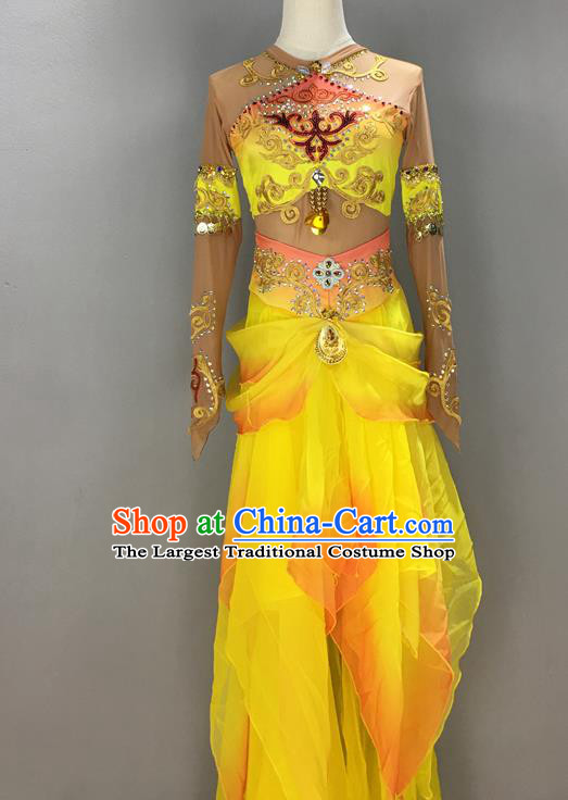 China Stage Performance Yellow Uniforms Classical Dance Fashion Dress Flying Fairy Dance Garment Costumes Thousands Hands Guanyin Clothing