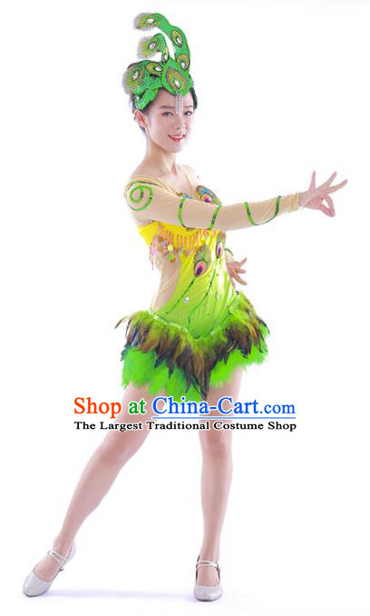 Chinese Dai Nationality Folk Dance Clothing Yunnan Minority Festival Garment Costumes Ethnic Children Peacock Dance Green Feather Dress Outfits