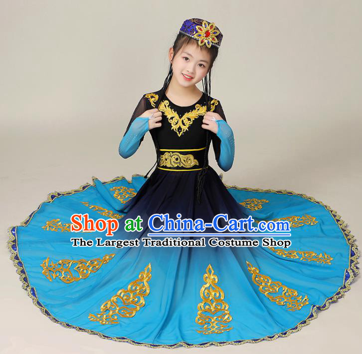 Chinese Uighur Minority Children Performance Garment Costumes Xinjiang Ethnic Folk Dance Blue Dress Outfits Uyghur Nationality Dance Clothing