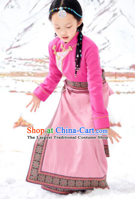 Chinese Tibetan Nationality Girl Clothing Ethnic Children Pink Blouse and Skirt Zang Minority Festival Performance Costumes