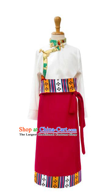 Chinese Zang Minority Performance Costumes Tibetan Nationality Girl Clothing Ethnic Children White Shirt and Red Skirt