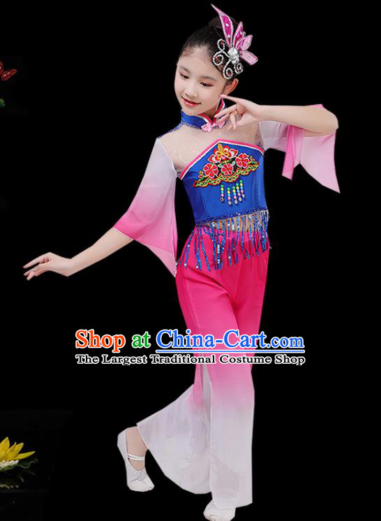 China Folk Dance Apparels Girl Fan Dance Garment Costumes Yangko Dance Clothing Stage Performance Pink Uniforms