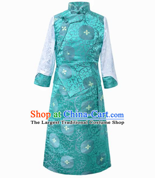 Chinese Ethnic Children Blue Brocade Dress Zang Minority Performance Costumes Tibetan Nationality Girl Bola Clothing