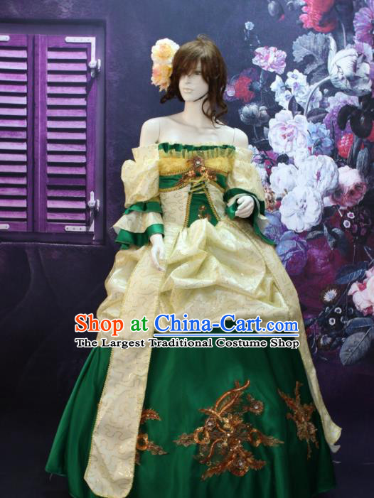 Top European Queen Clothing Western Drama Performance Green Satin Full Dress Christmas Ballroom Dance Garment Costume England Empress Formal Attire