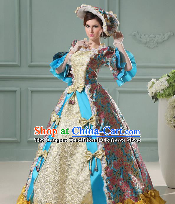 Top England Royal Princess Blue Full Dress Western Queen Garment Costume Christmas Ballroom Dance Formal Attire European Court Clothing