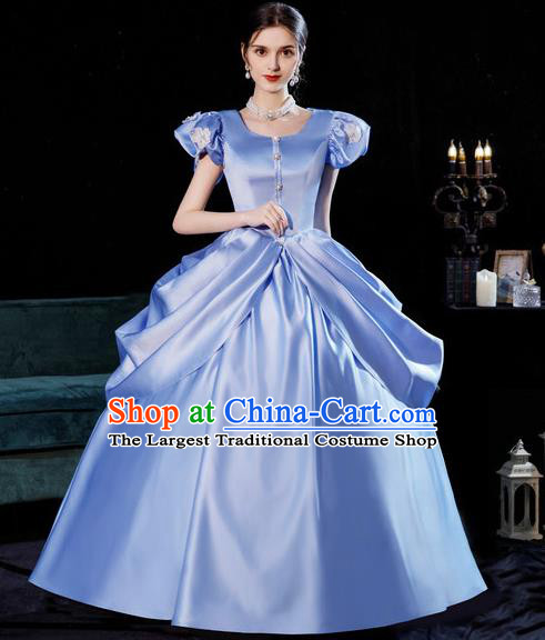 Top European Court Princess Clothing England Royal Blue Full Dress Western Queen Garment Costume Christmas Ballroom Dance Formal Attire