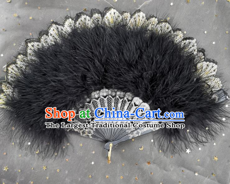 Handmade Dance Fan Classical Dance Black Feather Fan Cheongsam Stage Show Folding Fan European Court Lady Fan