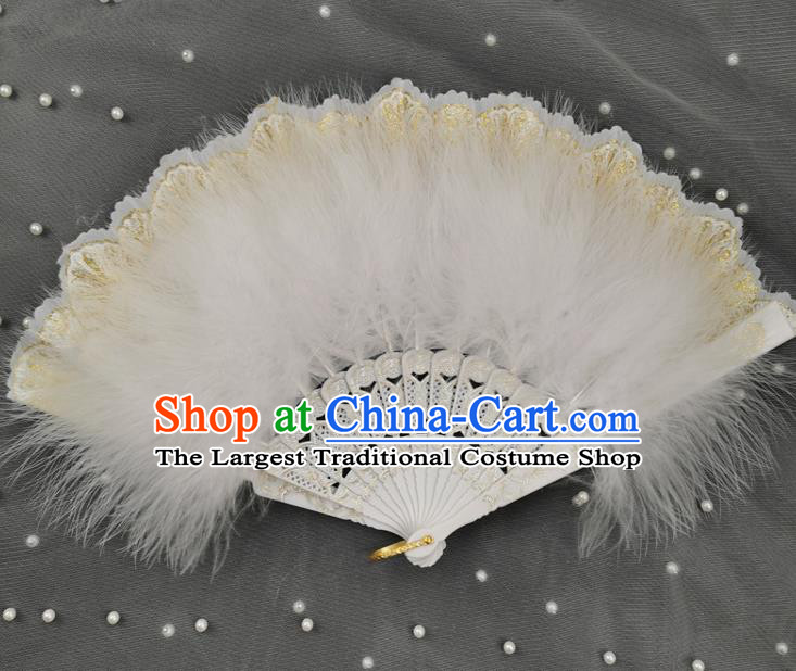 Handmade European Court Lady Fan Princess Fan Classical Dance White Feather Fan Baroque Queen Folding Fan