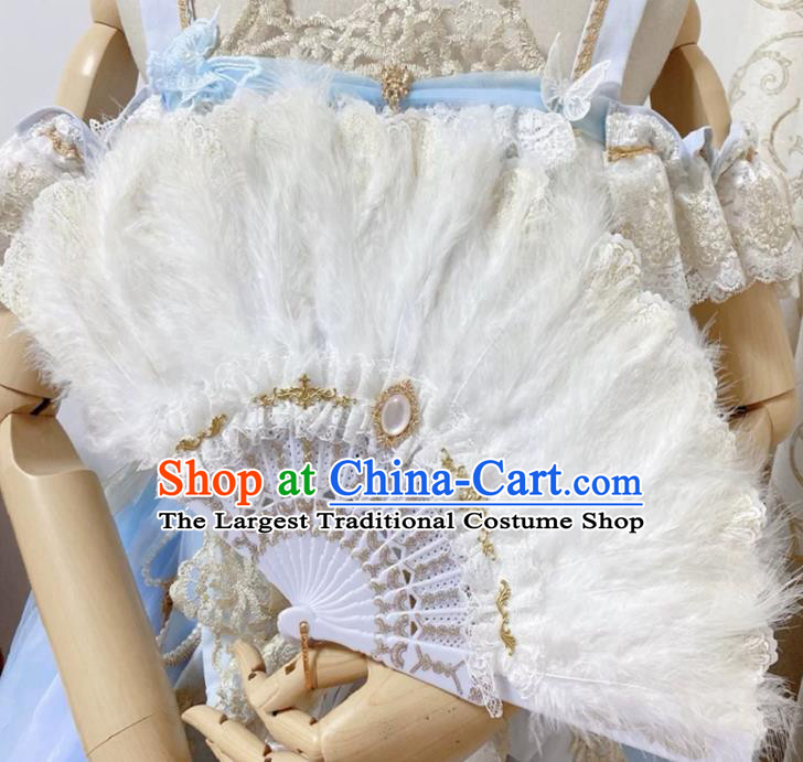 Handmade Christmas Day White Feather Fan Baroque Queen Fan European Court Lady Fan Princess Fan