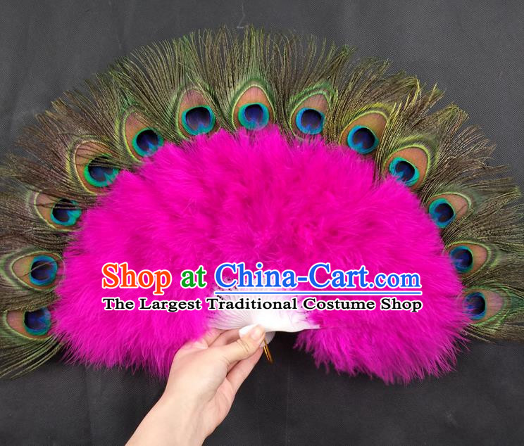 Handmade Christmas Day Performance Fan Princess Peacock Feather Fan Stage Show Fan Belly Dance Rosy Feather Fan