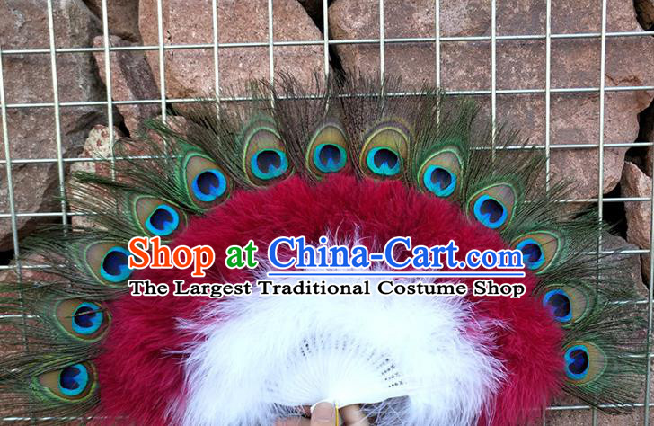 Handmade Wedding Dance Wine Red Feather Fan Belly Dance Peacock Feather Fan Modern Dance Fan Baroque Princess Fan