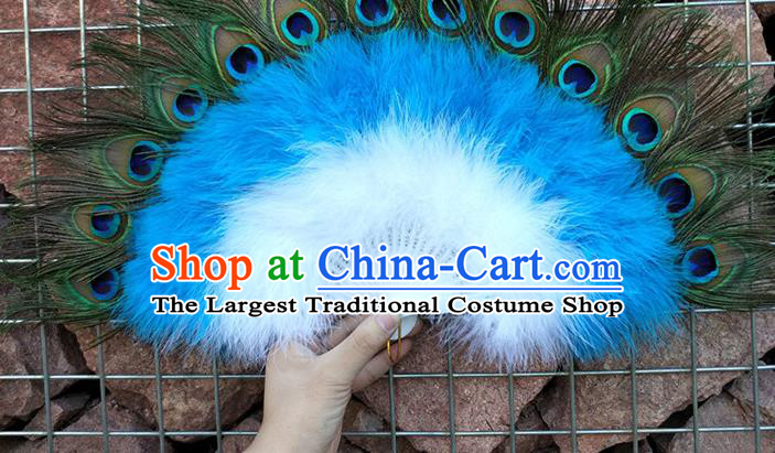 Handmade Baroque Princess Peacock Feather Fan Blue Feather Fan Belly Dance Fan Modern Dance Fan