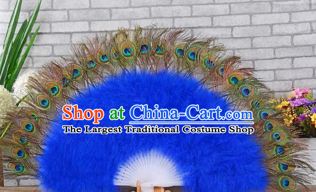 Top Spanish Dance Folding Fan Stage Performance Fan Handmade Peacock Feathers Fan Samba Dance Royalblue Villus Fan