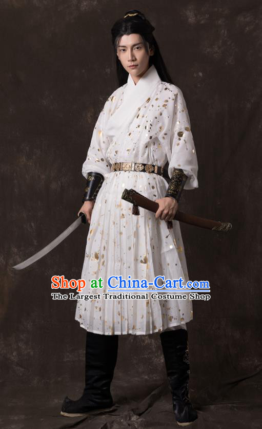 China Ming Dynasty Imperial Guard Flying Fish Garment Traditional Hanfu White Brocade Robe Ancient Swordsman Historical Clothing