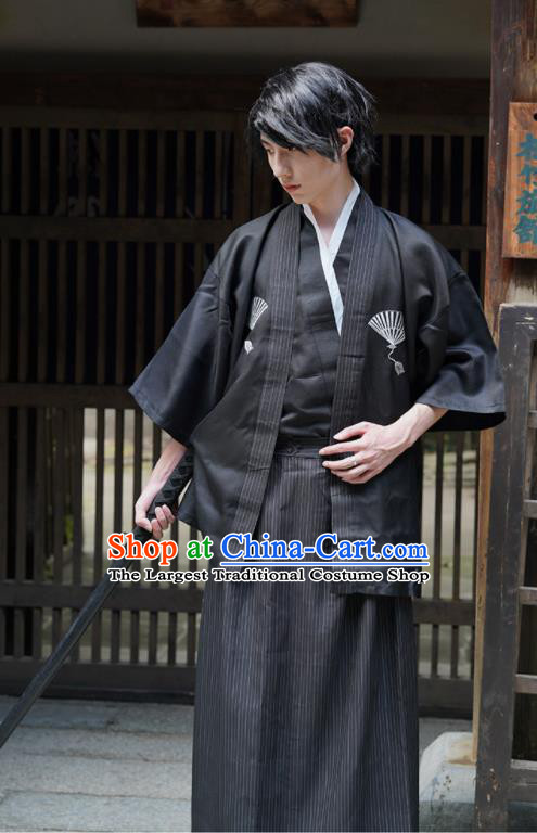 Japanese Stage Performance Male Kimono Clothing Ancient Warrior Apparels Asian Traditional Black Yukata Robe Outfits