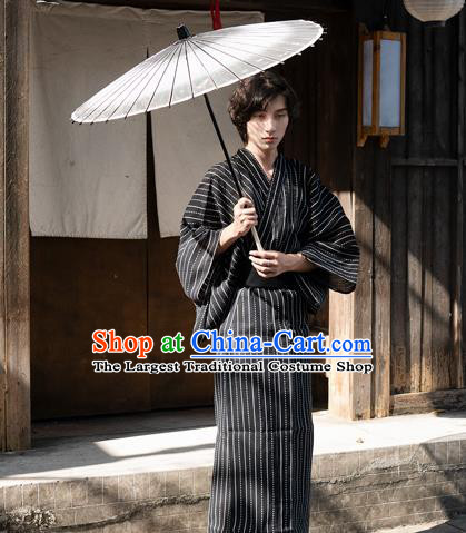 Japanese Stage Performance Male Kimono Clothing Ancient Samurai Apparel Asian Traditional Black Yukata Robe