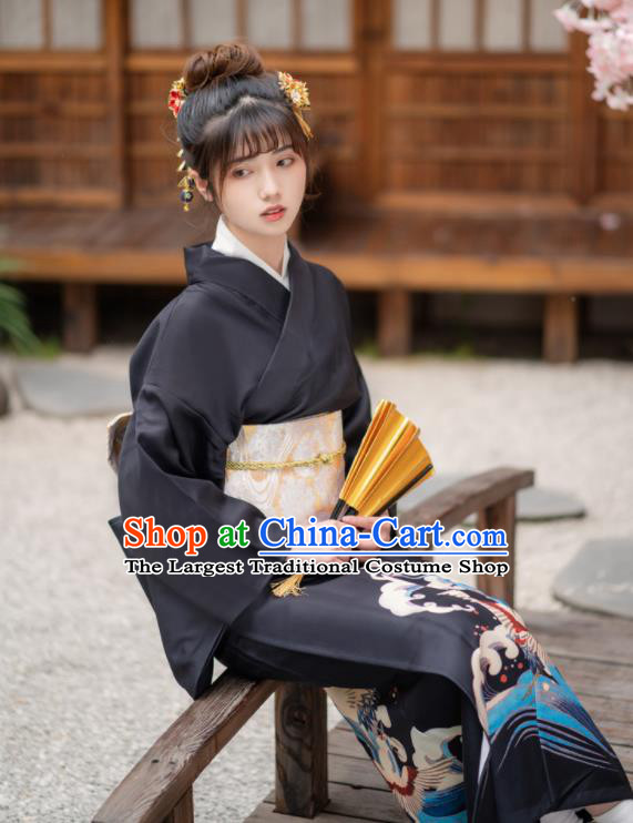 Japan Young Lady Kimono Traditional Summer Festival Garment Costume Hanabi Taikai Printing Wave Crane Black Yukata Dress