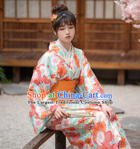 Japan Traditional Summer Festival Kimono Costume Hanabi Taikai Printing Sakura Light Green Yukata Dress Young Lady Fashion Garment