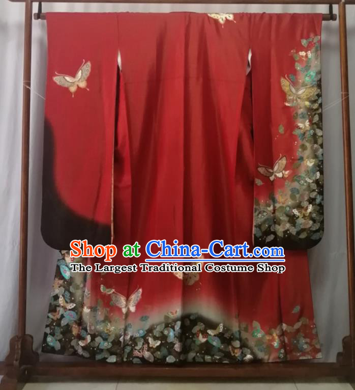 Japan Orthodox Garment Costume Court Woman Printing Butterfly Yukata Dress Traditional Wedding Red Furisode Kimono Clothing