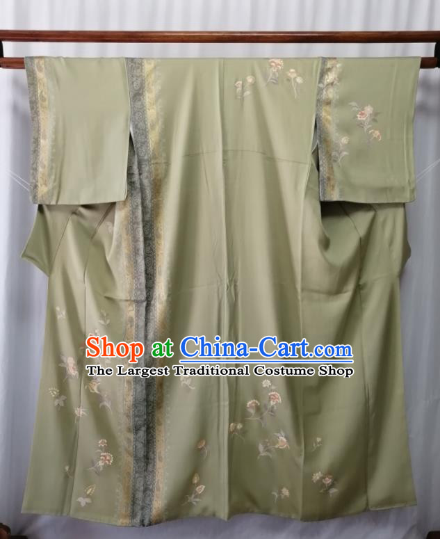 Japan Traditional Green Silk Tsukesage Kimono Clothing Orthodox Garment Costume Court Woman Printing Flowers Yukata Dress