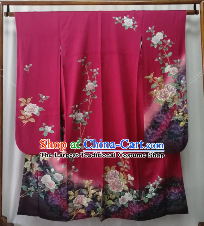 Japan Traditional Peony Pattern Furisode Kimono Clothing Orthodox Wedding Garment Costume Kyoto Rosy Yukata Dress