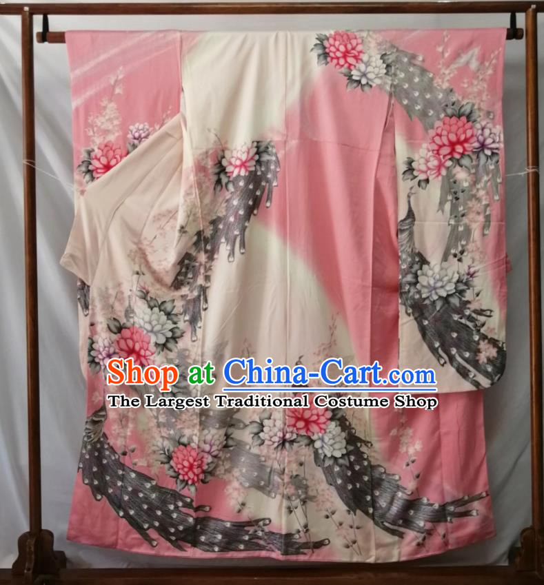 Japan Court Queen Garment Costume Kyoto Pink Silk Yukata Dress Traditional Peacock Pattern Furisode Kimono Clothing