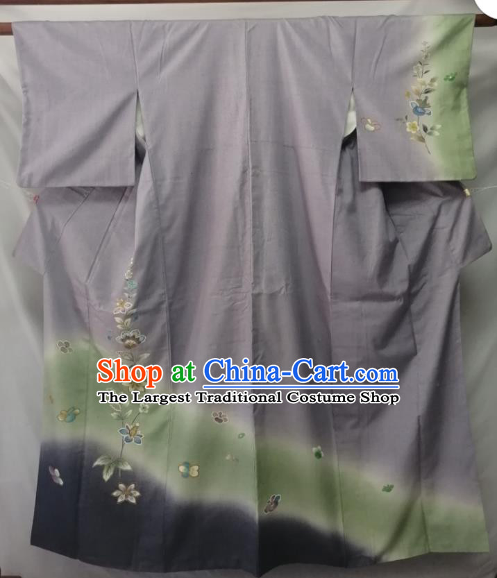 Asian Stage Performance Apparel Japanese Traditional Grey Yukata Robe Male Tsukesage Kimono Clothing