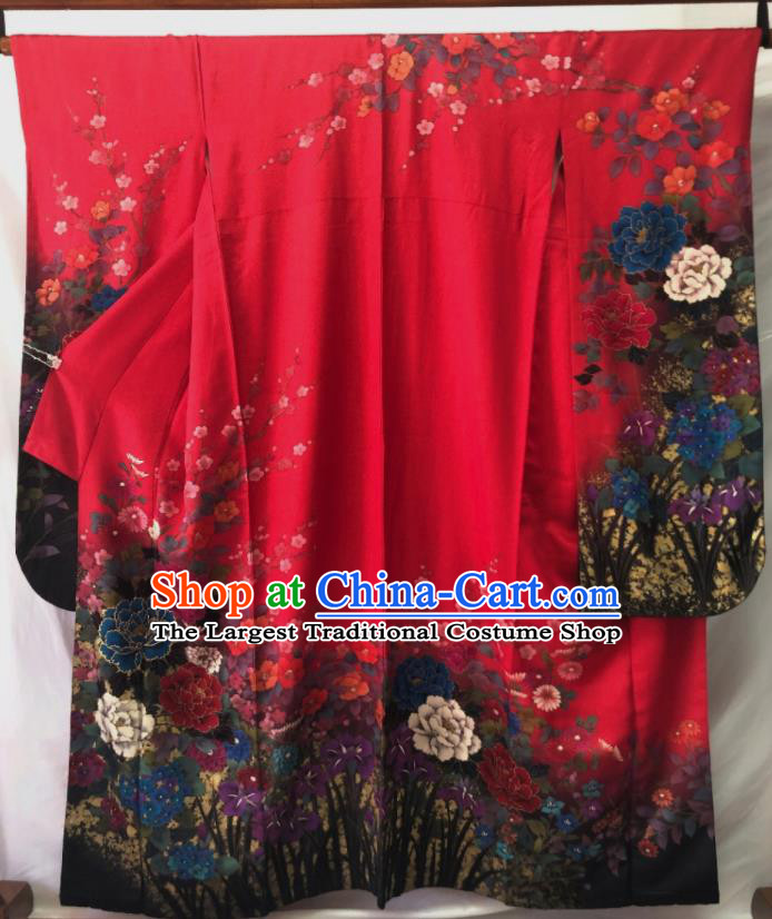 Japan Kyoto Wedding Red Yukata Dress Traditional Peony Pattern Furisode Kimono Clothing Court Empress Garment Costume