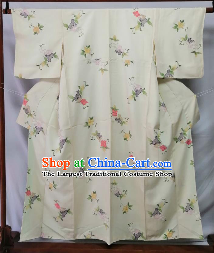 Japan Tokyo Printing Beige Yukata Dress Traditional Pattern Edo Komon Kimono Clothing Young Woman Garment Costume