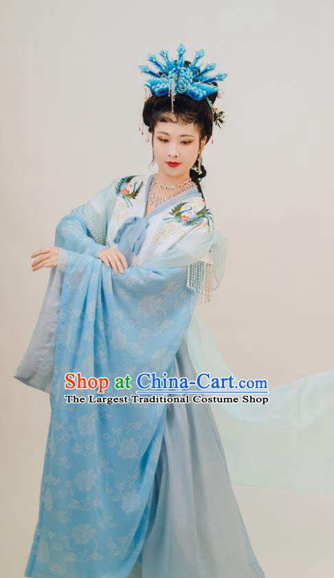 China Traditional Journey to the West Queen Blue Hanfu Dress Ancient Goddess Historical Clothing Tang Dynasty Empress Garment Costumes