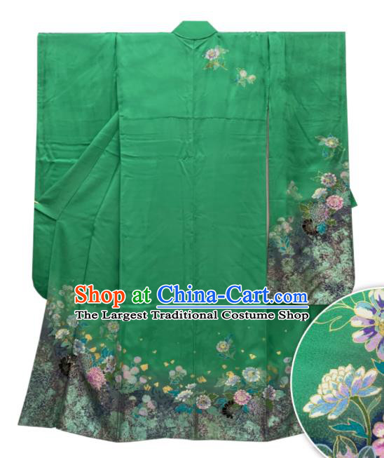 Japan Classical Daisy Pattern Furisode Kimono Clothing Wedding Garment Costume Traditional Bride Green Yukata Dress