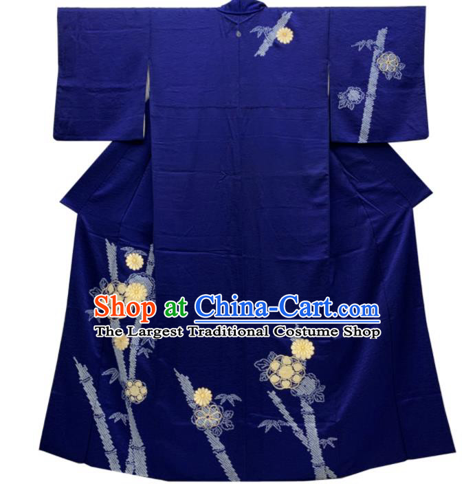 Japan Traditional Deep Blue Yukata Dress Classical Chrysanthemum Pattern Tsukesage Kimono Clothing Elderly Woman Garment Costume