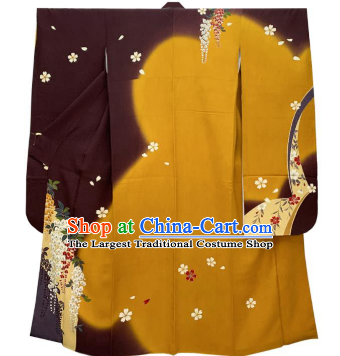 Japan Traditional Court Yukata Dress Classical Wisteria Pattern Furisode Kimono Clothing Wedding Bride Garment Costume