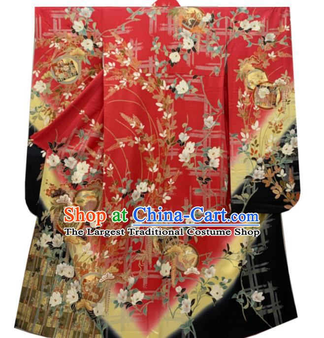 Japan Wedding Bride Garment Costume Traditional Geisha Performance Red Yukata Dress Classical Flowers Pattern Furisode Kimono Clothing