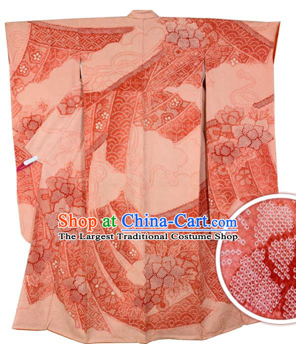 Japan Classical Peony Pattern Furisode Kimono Clothing Wedding Bride Garment Costume Traditional Geisha Pink Yukata Dress