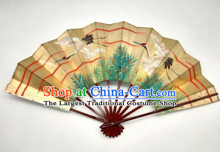 Japanese Traditional Geisha Performance Golden Folding Fan Classical Dance Accordion Handmade Printing Crane Pine Fan