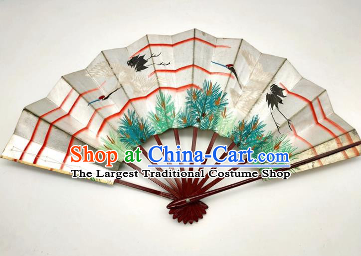 Japanese Handmade Printing Crane Pine Fan Traditional Geisha Performance Argent Folding Fan Classical Dance Accordion