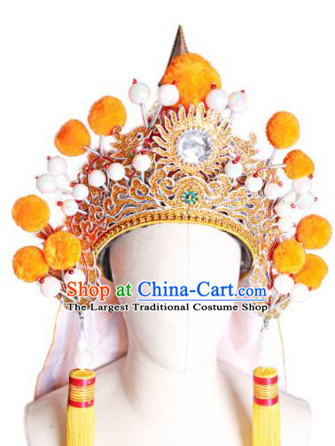 Chinese Peking Opera Wusheng Headwear Beijing Opera General Yellow Hat Handmade Opera Swordsman Helmet Headdress