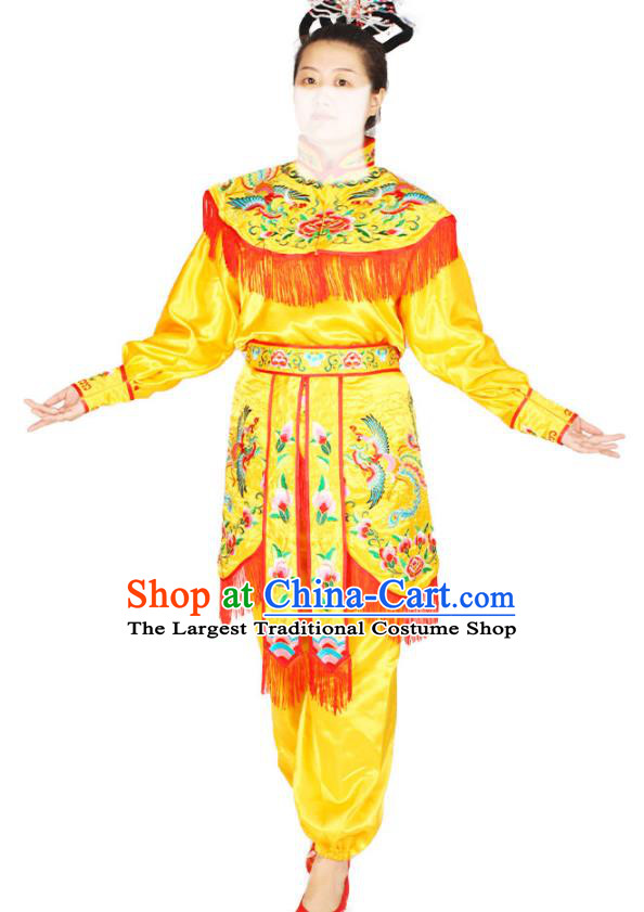 Chinese Beijing Opera Heroine Garment Costumes Peking Opera Female Warrior Yellow Uniforms Traditional Opera Woman Soldier Clothing