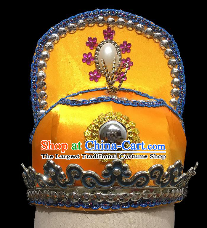 Chinese Handmade Opera Young Male Headdress Ancient Emperor Headwear Beijing Opera Prince Yellow Hat