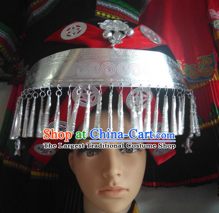 China Liangshan Ethnic Group Bride Headwear Handmade Silver Tassel Circular Hat Yi Minority Wedding Headdress